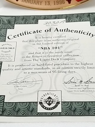 Item #110 — Michael Jordan NBA 101 Plate MIB, COA, 1996 photo 2 of 3