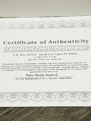Item #20 — Barry Bonds Autographed Baseball with COA photo 3 of 6