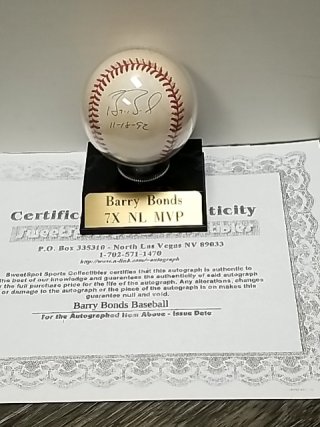 Item #20 — Barry Bonds Autographed Baseball with COA